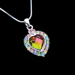 Crystal Heart Pendant Charm Necklace Silver Tone Multi Color With 10mm Heart Rainbow Medium Vitrail