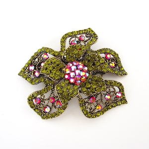 Crystal Flower Hair Accessory Barrette Clip Gold Tone Olive Green Red AB