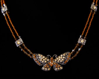 Crystal Butterfly With Brown Beads Beaded Chain Choker Necklace Amber Topaz Brown
