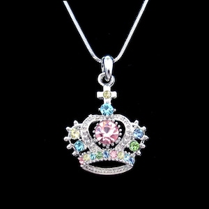 Crystal Crown Tiara Royal Princess King Queen Pendant Charm Necklace Silver Tone Pink Multi