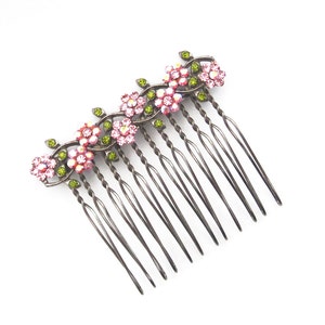 Crystal Small Flowers Hair Accessory Jewelry Comb Clip Antique Silver Tone Wedding Bridal Bridemaid Olive Green Pink Pink AB image 2
