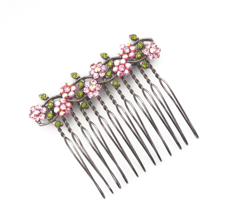 Crystal Small Flowers Hair Accessory Jewelry Comb Clip Antique Silver Tone Wedding Bridal Bridemaid Olive Green Pink Pink AB image 2