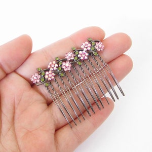 Crystal Small Flowers Hair Accessory Jewelry Comb Clip Antique Silver Tone Wedding Bridal Bridemaid Olive Green Pink Pink AB image 3