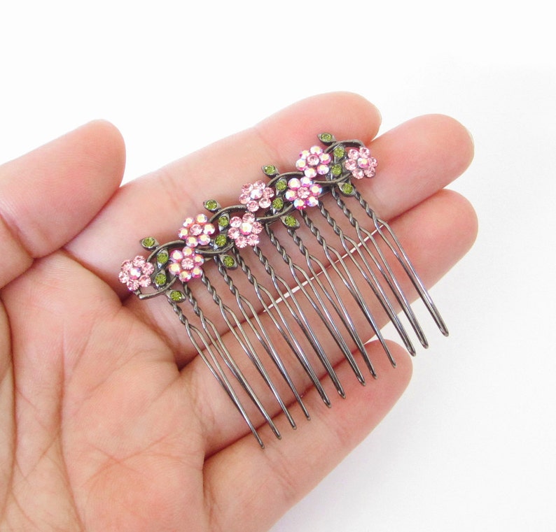 Crystal Small Flowers Hair Accessory Jewelry Comb Clip Antique Silver Tone Wedding Bridal Bridemaid Olive Green Pink Pink AB image 3