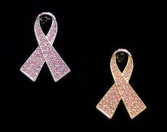 Crystal Pink Ribbon Bow Breast Cancer Awareness Brooch Pin Silver Tone Gold Tone