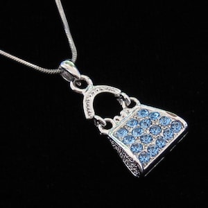 Crystal Purse Handbag Pendant Charm Chain Necklace Silver Tone Blue