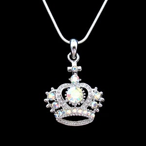 Breloque pendentif Cristal couronne diadème Royal Princess roi Reine collier ton argent clair AB