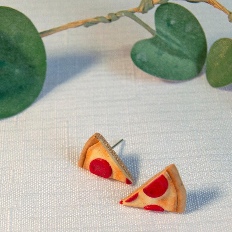 Pepperoni Pizza Slice Studs Gift for Foodie Pizza Slut Polymer Clay Earrings Lightweight Hypoallergenic Food Jewelry BFF Gift image 1