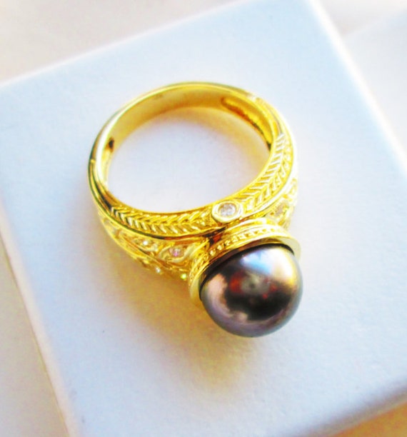 18kt. yellow gold genuine south seas BLACK PEARL … - image 4