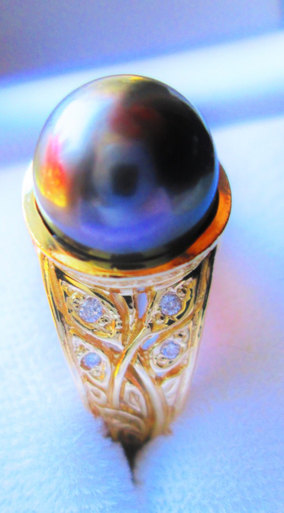 18kt. yellow gold genuine south seas BLACK PEARL … - image 2