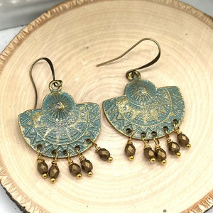Vintage Style Gold Verdigris Dangle Boho Earrings, Rustic Green Patina, Green and Gold Jewelry, Boho Dangle Earring,  Art nouveau earrings