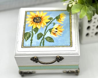 Small Wood Jewelry box with hand painted sunflowers, Original Artwork, White Keepsake Box, Tiny trinket box, Farmhouse Style, Rustic Style
