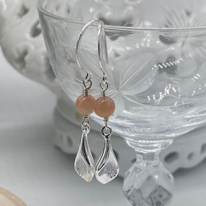 Peach Moonstone and Silver Dangles, Delicate silver dangles, peach moonstone jewelry, dainty moonstone earrings, peach and silver jewelry