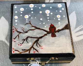 Cardinal Trinket Box, Cardinal keepsake box, Red Cardinal, handpainted box, Winter themed decor, Sympathy gift, Thinking of you gift,