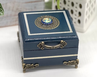 Small Ink Blue Victorian Style Trinket Box, Dark Blue Keepsake Box, Blue shelf decor, antique style jewelry box, magnetic closure, ring box