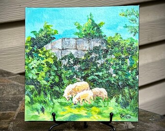 Grazing Sheep in Pasture, Original Acrylic Painting on Canvas, Sheep Art, Small Painting of Sheep in Meadow, Tabletop Art, Original Fine Art