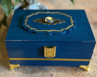 Midnight Blue Painted Butterfly Trinket Box, Blue and Gold Jewelry Box, Blue Keepsake Box with Clasp, Gift for Her, Gift for Girl, Birthday