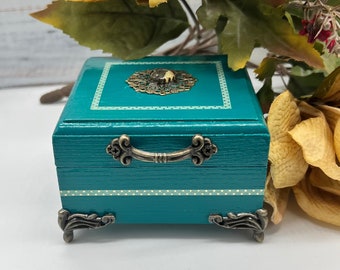 Teal Trinket Box, Teal Jewelry Box with Brass Hardware, Antique Style painted keepsake box, victorian style box, vintage style shelf decor