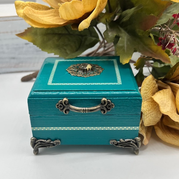 Teal Trinket Box, Teal Jewelry Box with Brass Hardware, Antique Style painted keepsake box, victorian style box, vintage style shelf decor