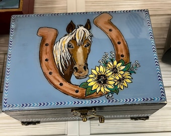 Painted Horse, Horseshoe and Sunflower Jewelry Box, lined Horse Theme Trinket Box, gain the trust of a horse you've won a friend for life