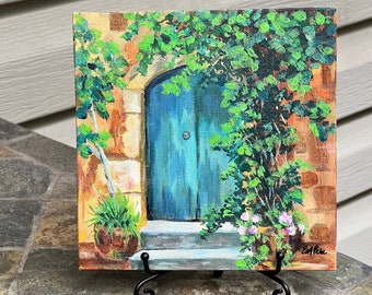 Blue Door with Ivy, Original Acrylic Painting on Canvas, Small Painting, Architectural Artwork, Tabletop Fine Art, Original Landscape