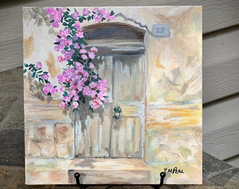 Grey Door with Pink Roses, Original Acrylic Painting on Canvas, Romantic Impressionist Fine Art, Small Painting, floral table top custom art