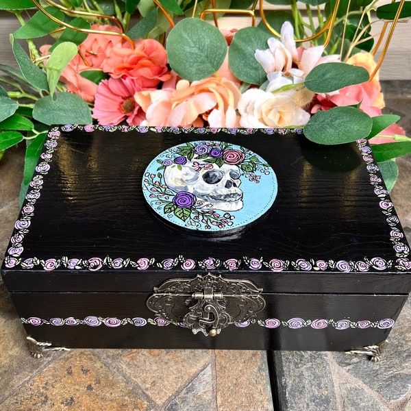 Handpainted Floral Skull Jewelry Box, Large Black Antique Style Trinket Box, Vintage Gothic Decor, Purple Lined Keepsake, Tarot Card Storage