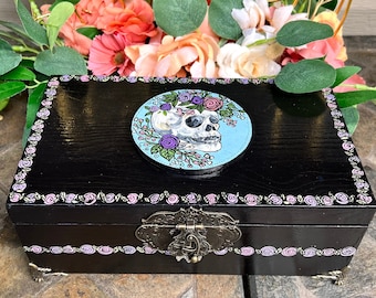 Handpainted Floral Skull Jewelry Box, Large Black Antique Style Trinket Box, Vintage Gothic Decor, Purple Lined Keepsake, Tarot Card Storage