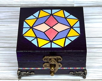 Painted Stained Glass Design Jewelry Box, Purple Mosaic Trinket Box, Small lined jewelry box, jewelry gift box, antique style keepsake box