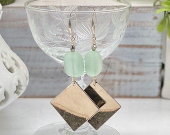 Silver and Sage Green Sea Glass Dangle Earring, Minimalist Style Drop Earring, Handmade Sea Glass Jewelry, Rehearsal Dinner Earrings