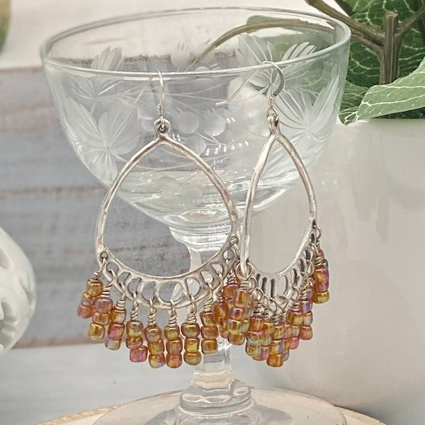 Silver Boho Chandelier Earrings, Seed bead earrings, silver and seed bead jewelry, large silver hoops, seed bead fringe earring, wirewrapped