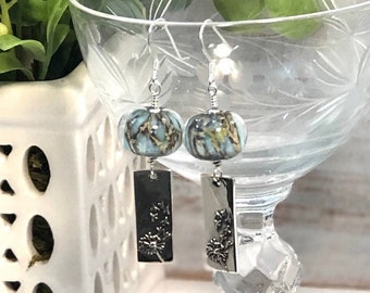 Blue Marble Patterned Glass Bead Drop Earrings w a Dandelion Etched Silver Rectangle Dangle I Boho Style I Bohemian Jewelry I Gift for Mom