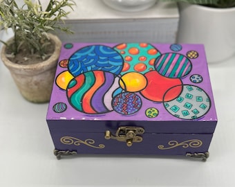 Geometric Keepsake Box, Painted Hinged Jewelry Box, Mandala Design, Boho stash box, teen girl gift, purple decor