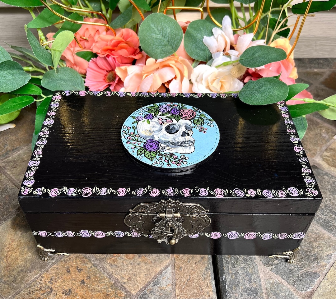 Skull Box With Roses Handpainted Floral Skull Jewelry Box, Large Black Antique Style Trinket ...