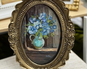 Blue Pitcher of flowers in wooden entryway setting, Acrylic Painting on Canvas Paper; Small painting
