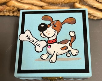 Doggie. Keepsake box, Trinket Box for Kids, Jewelry Box for Children, Painted Cartoon Dog, Rainbow lined jewelry box, gift for dog lover