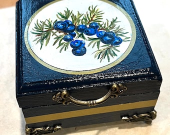 Painted Juniper Bush on Navy Trinket Box, Dark Blue jewelry box, victorian style shelf decor, Vintage style stash box, infant loss gift