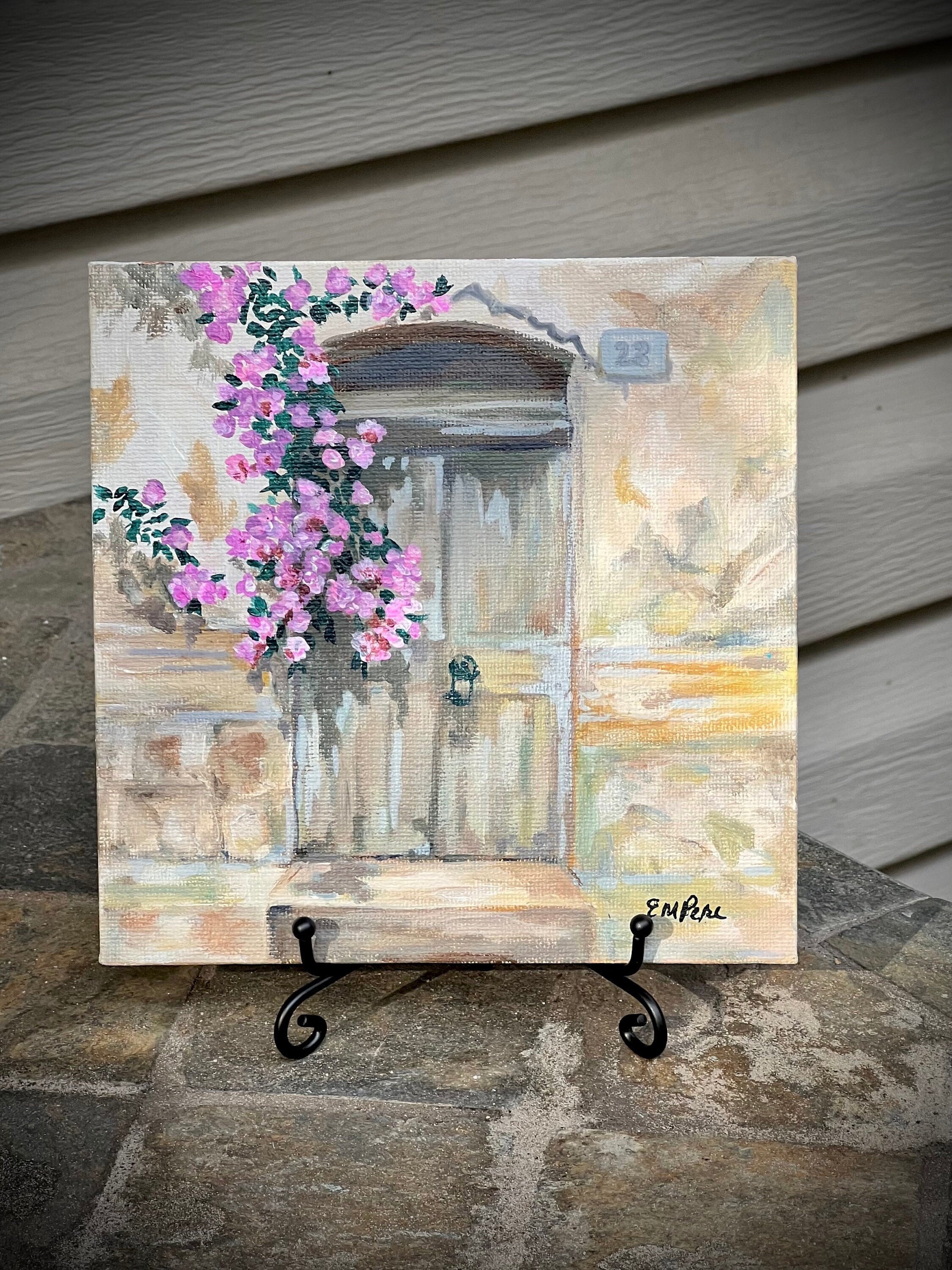 Grey Door With Pink Roses, Original Acrylic Painting on Canvas