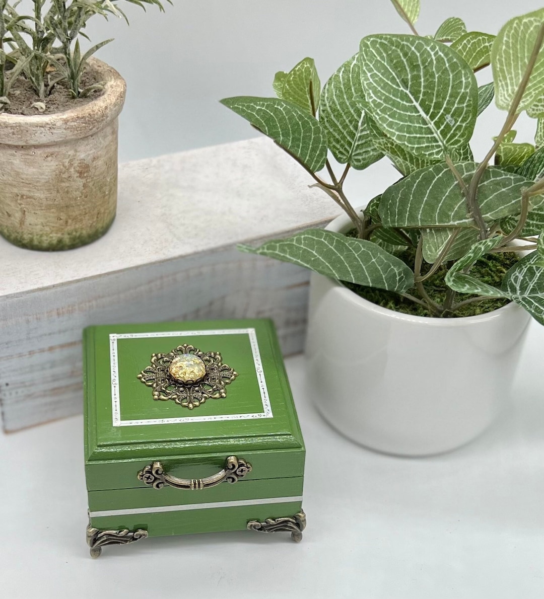 Small Moss Green Victorian Style Trinket Box, Green Keepsake Box, Green ...