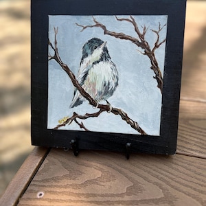 Black Capped Chiadee bird acrylic  Painting on Canvas board, Fine Art, Small Painting, realistic table top custom art