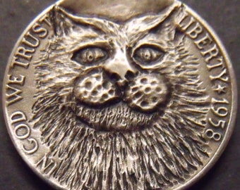 Hand Carved  Hobo nickel Kity Cat unsigned  free mail