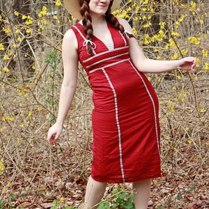 M/L Vintage Red Geometric Polka Dot Cotton Empire Waist Cottagecore Dress 1990s image 1