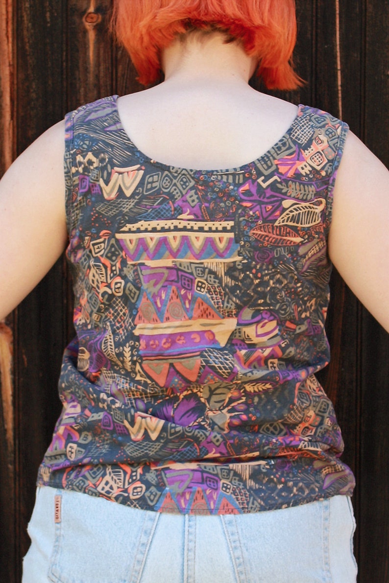 M/L Vintage Brightly Patterned Zimbabwean 1990s Button Down Tank Top image 3