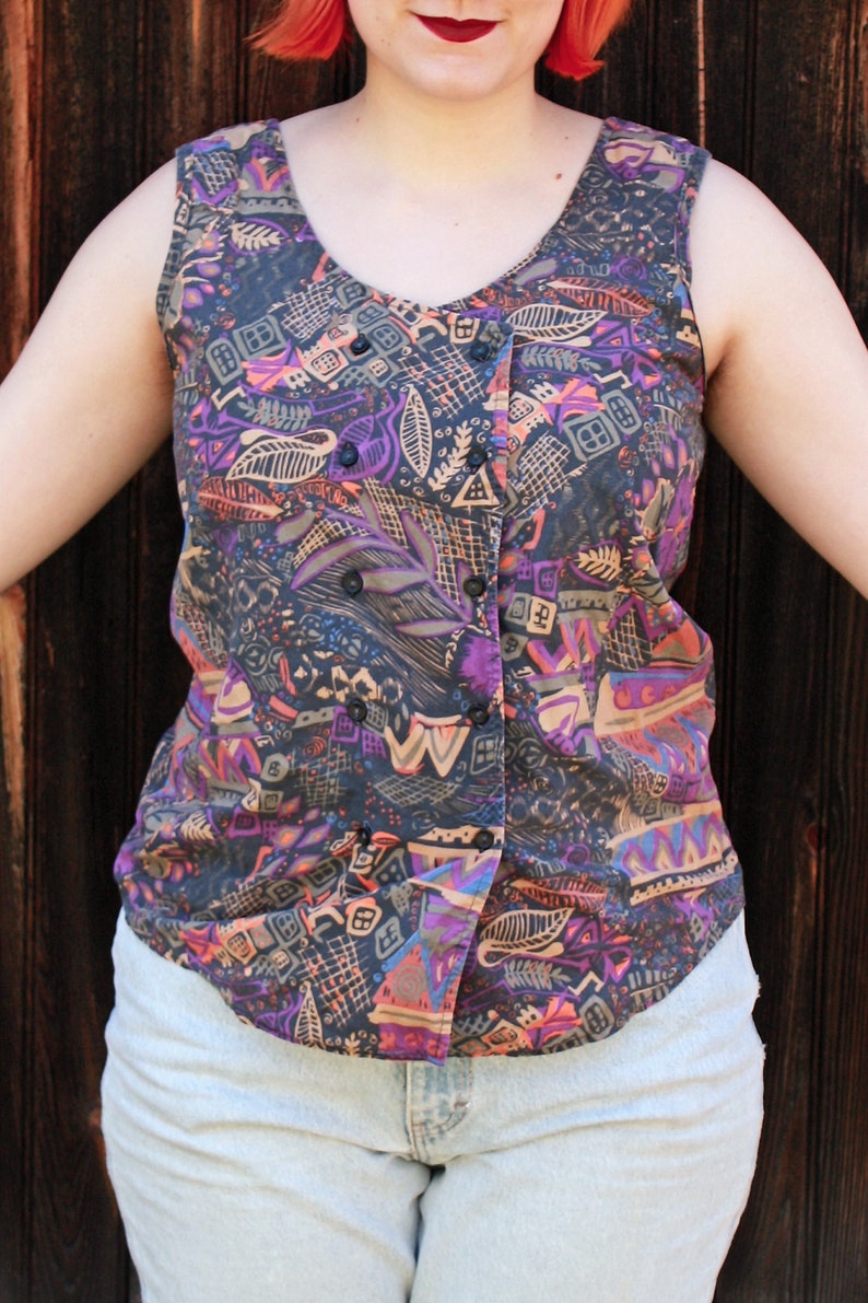 M/L Vintage Brightly Patterned Zimbabwean 1990s Button Down Tank Top image 2