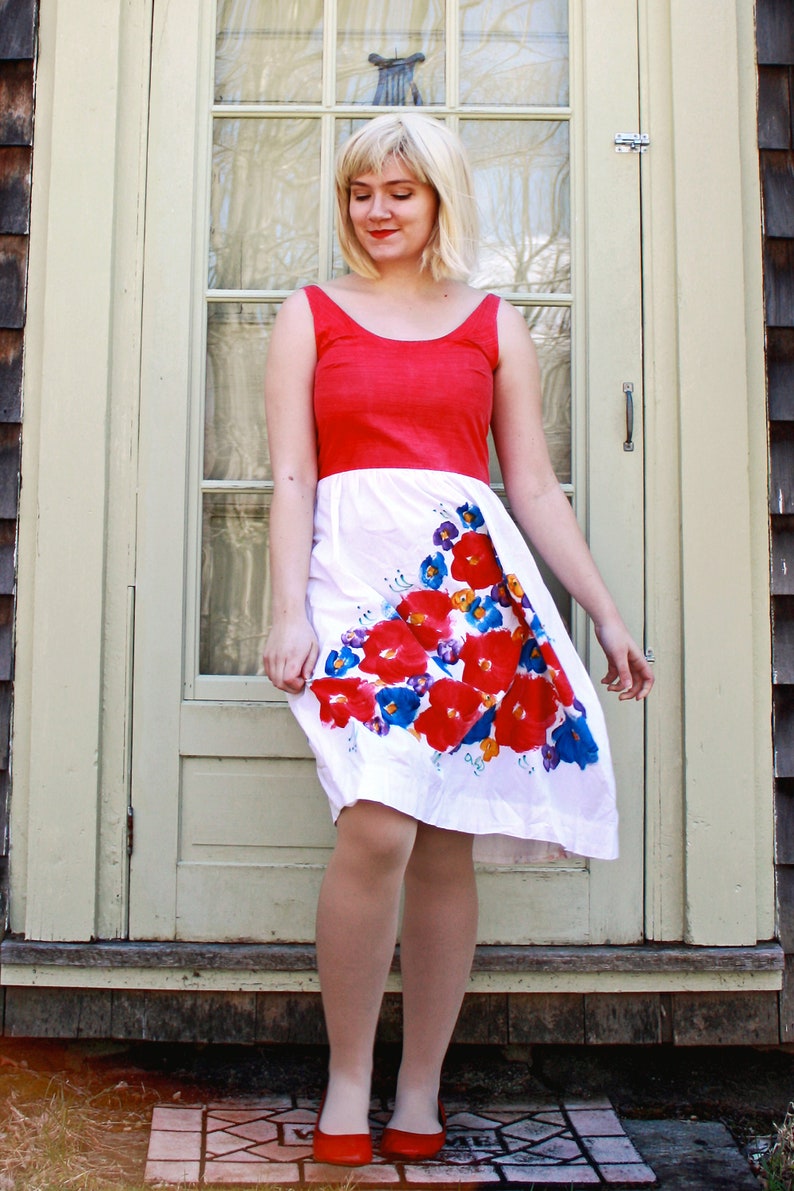 M/L Handmade Vintage Red, White, and Blue Floral Print Dress Late 1950s/Early 1960s image 1