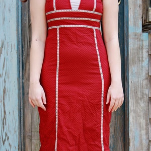 M/L Vintage Red Geometric Polka Dot Cotton Empire Waist Cottagecore Dress 1990s image 2