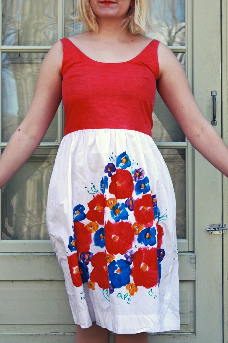 M/L Handmade Vintage Red, White, and Blue Floral Print Dress Late 1950s/Early 1960s image 2