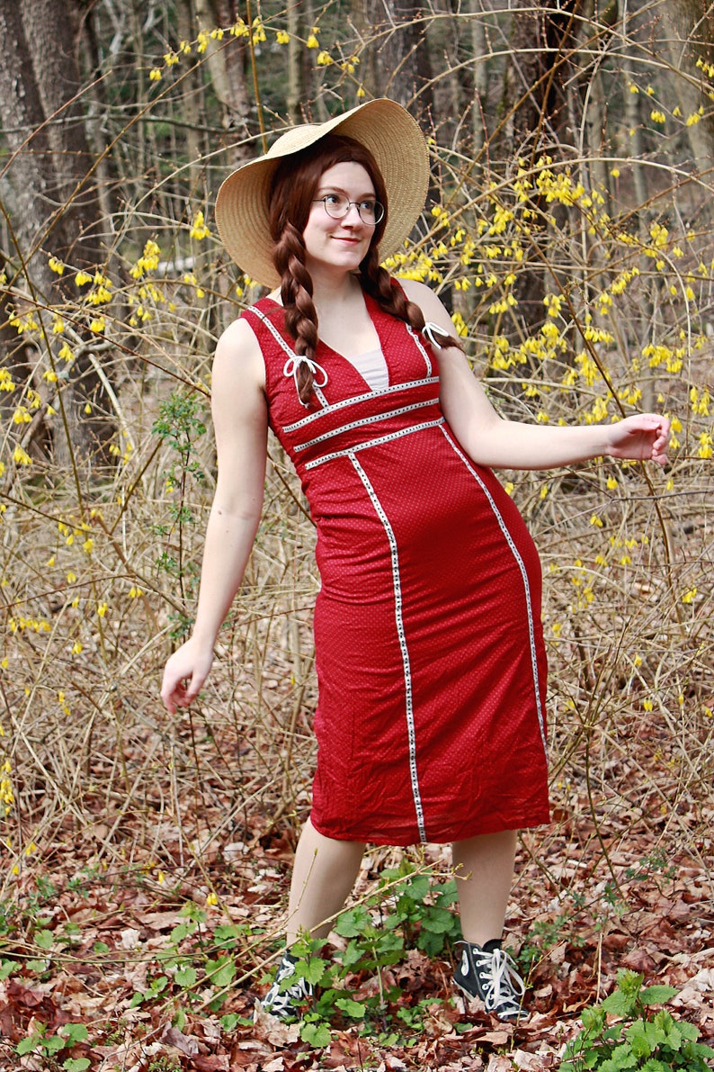 M/L Vintage Red Geometric Polka Dot Cotton Empire Waist Cottagecore Dress 1990s image 1