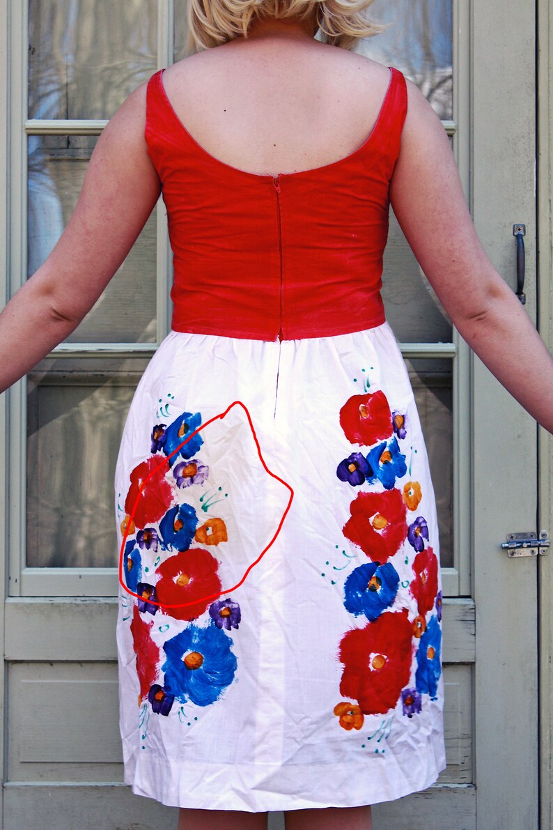 M/L Handmade Vintage Red, White, and Blue Floral Print Dress Late 1950s/Early 1960s image 3