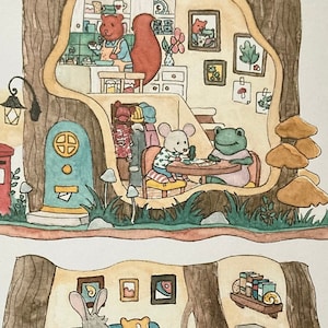 Lámina artística "Residentes del Bosque II": Rana, Ratón, Animales del Bosque, Casa del Árbol, Naturaleza, Arte Mural, Pintura, Regalo de Cumpleaños, Decoración del Hogar